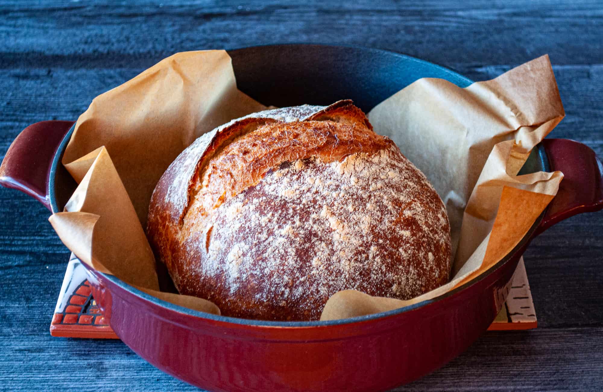 A round loaf of crusty bread sits on parchment paper in a red Dutch oven on a dark wooden surface.
