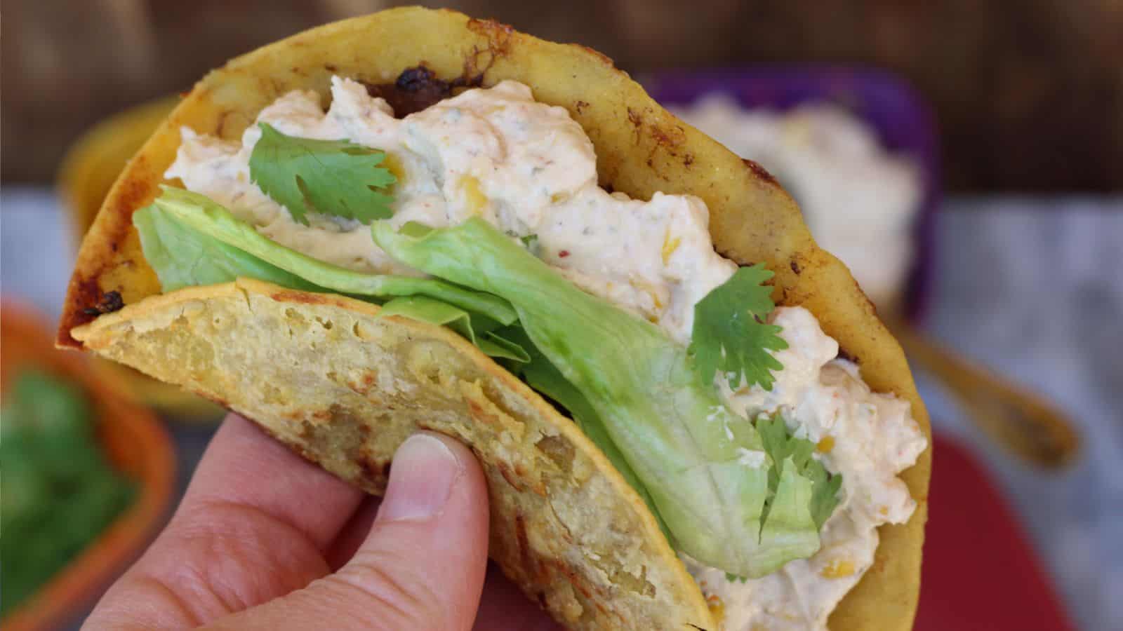 A hand holds a taco filled with a creamy chicken mixture, lettuce, and cilantro in a yellow corn tortilla.