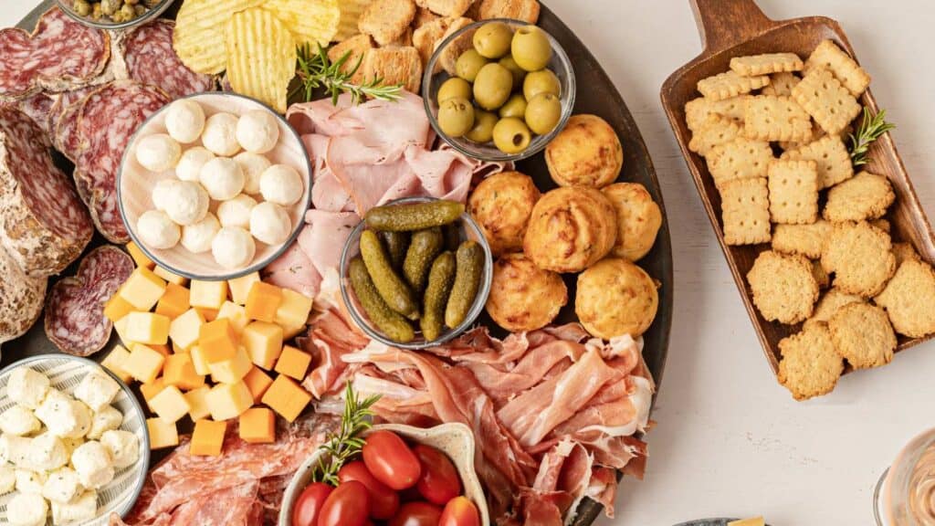 A charcuterie board with assorted meats, cheeses, pickles, olives, grape tomatoes, crackers, chips, and small baked goods on a light surface.