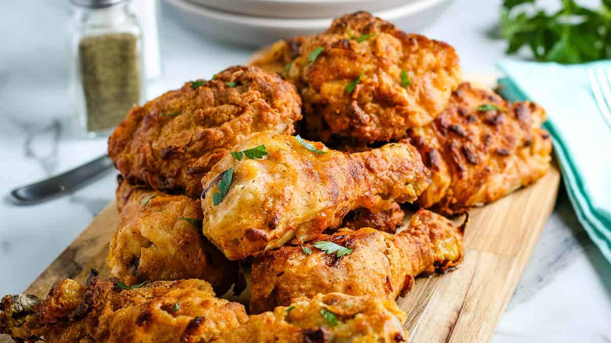 A wooden board piled with pieces of golden-brown fried chicken, garnished with chopped herbs, sits on a marble countertop.