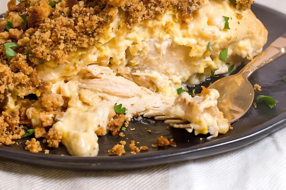 Close-up of a serving of creamy chicken casserole topped with golden breadcrumbs, garnished with chopped herbs, on a dark plate with a fork.