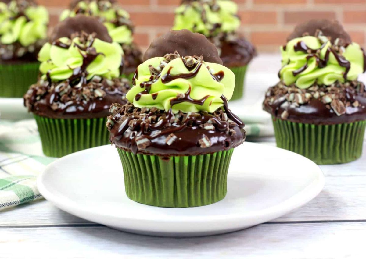 Chocolate cupcakes with green icing, chocolate drizzle, and a chocolate-topped garnish on a white plate; more cupcakes in the background.