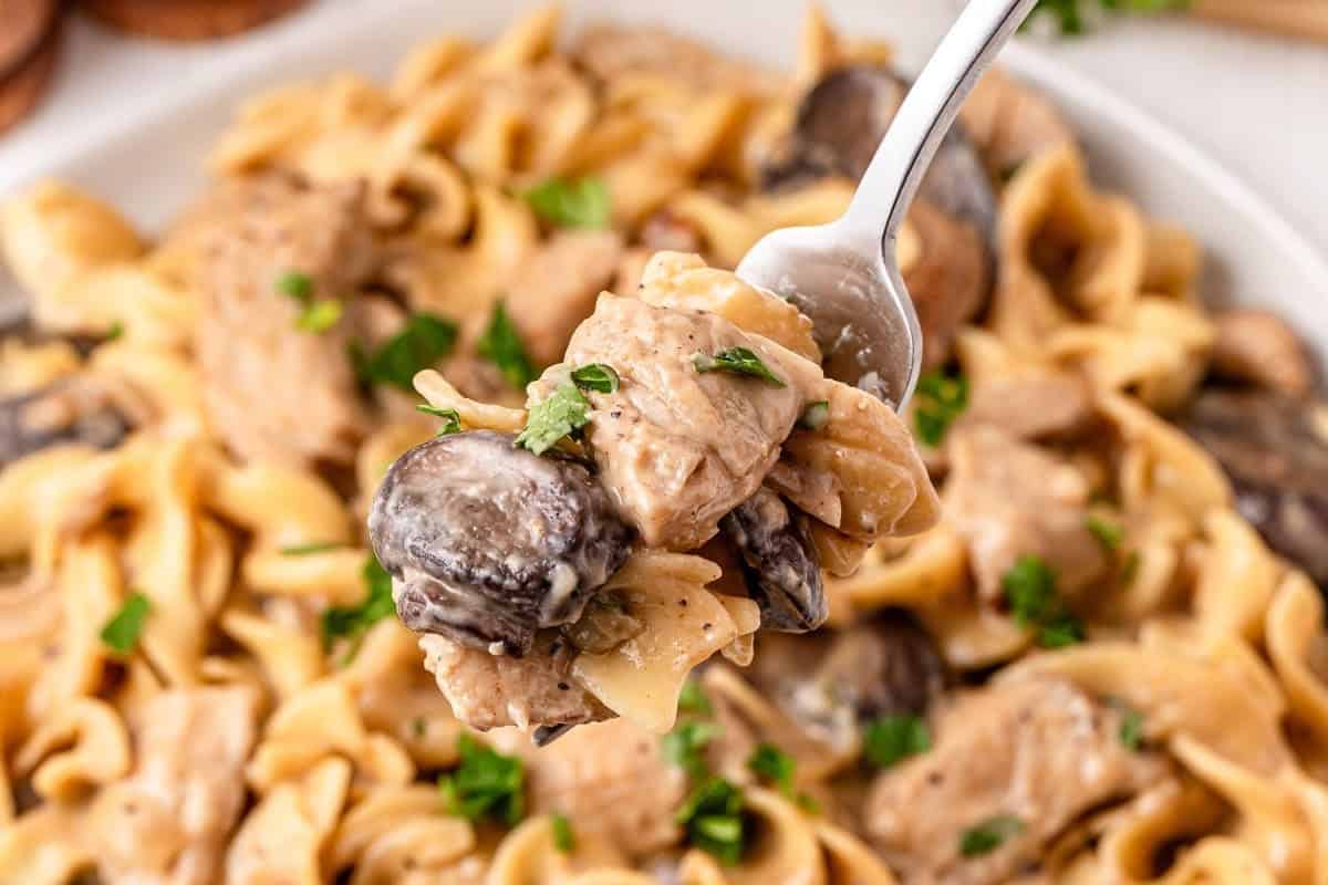 A fork holds a bite of pasta with sliced mushrooms, chicken, and creamy sauce, with a plate of the same pasta dish in the background.