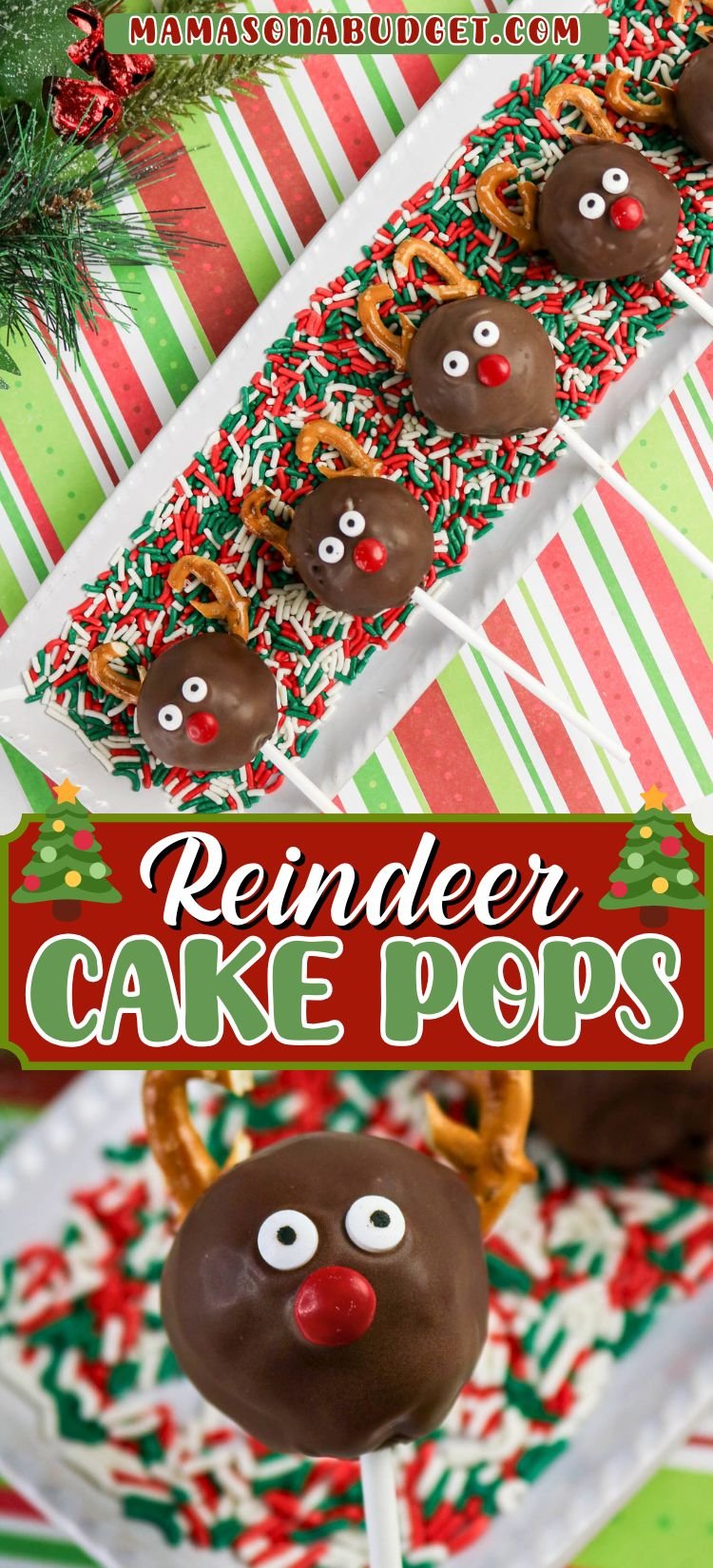 Chocolate-covered cake pops decorated as reindeer with pretzel antlers, red candy noses, and candy eyes, displayed on a tray with festive sprinkles.