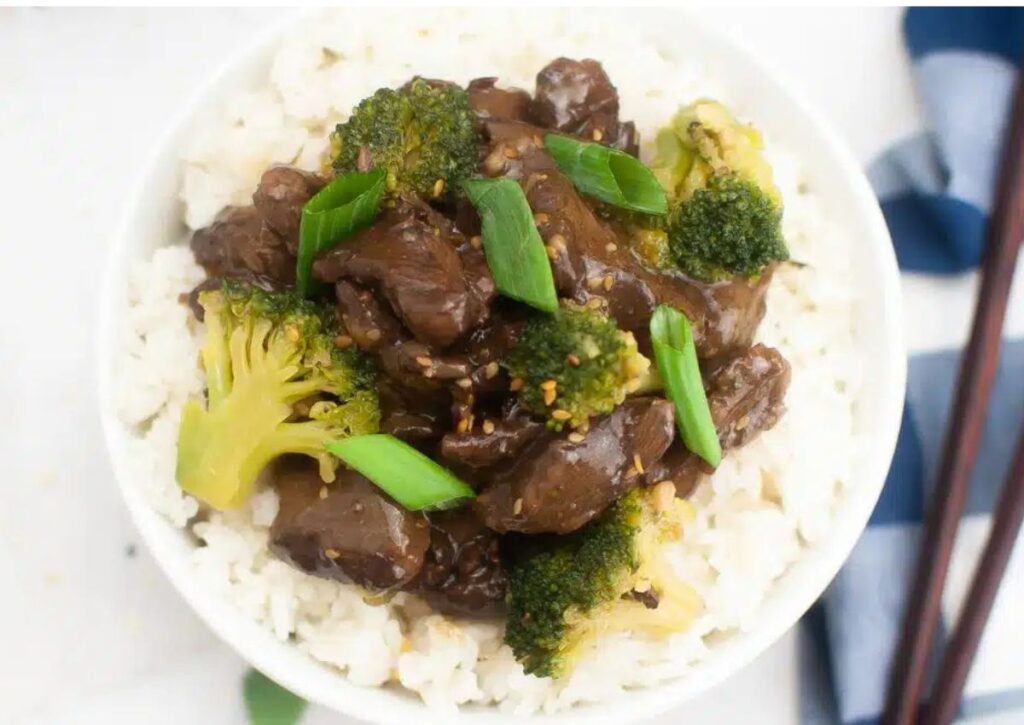 Teriyaki beef served on top of a bed of white rice.