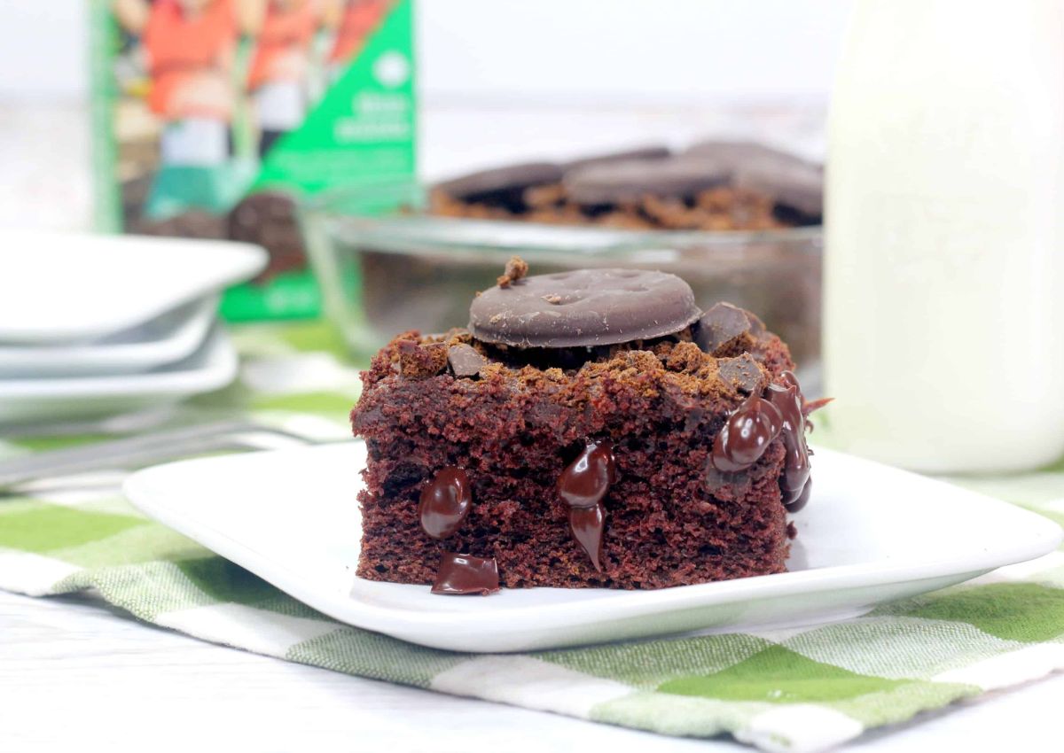 A square piece of chocolate cake topped with a chocolate cookie and chocolate chips sits on a white plate, with a glass of milk and more cake in the background.