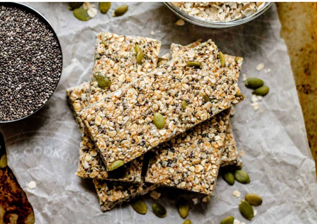 An overhead image of a stack of vegan granola bars.