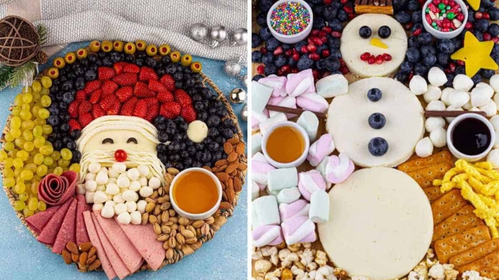 Two festive cheese boards: one arranged as Santa with fruit, cheese, and meats; the other as a snowman made of cheese, fruit, sweets, and crackers.