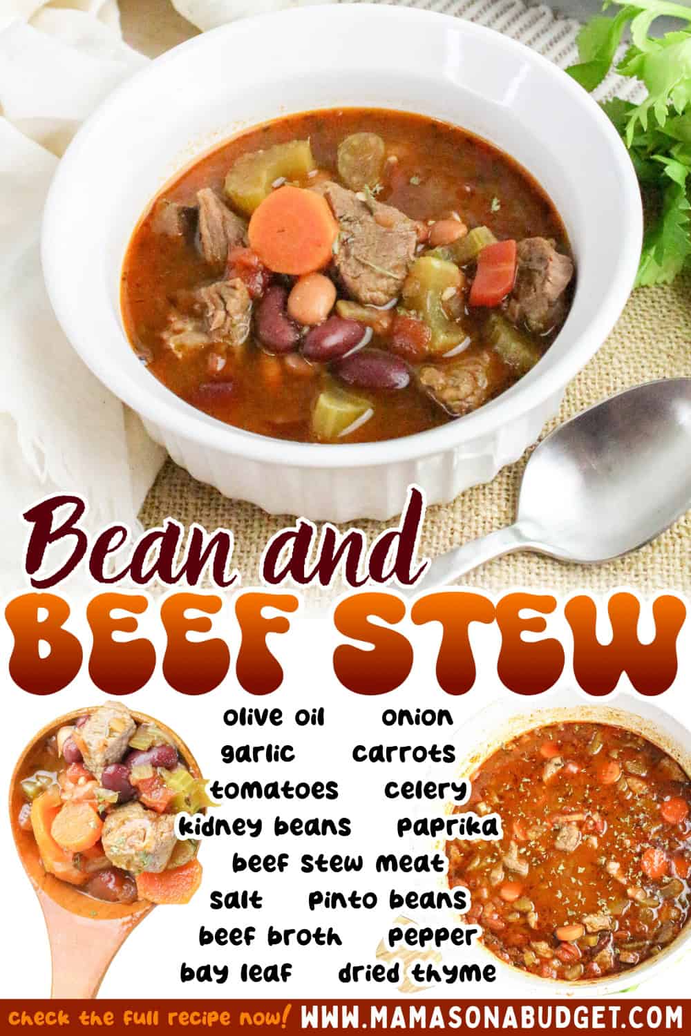 A bowl of bean and beef stew with visible chunks of beef, beans, carrots, and celery, surrounded by a spoon, parsley, and a recipe ingredient list.