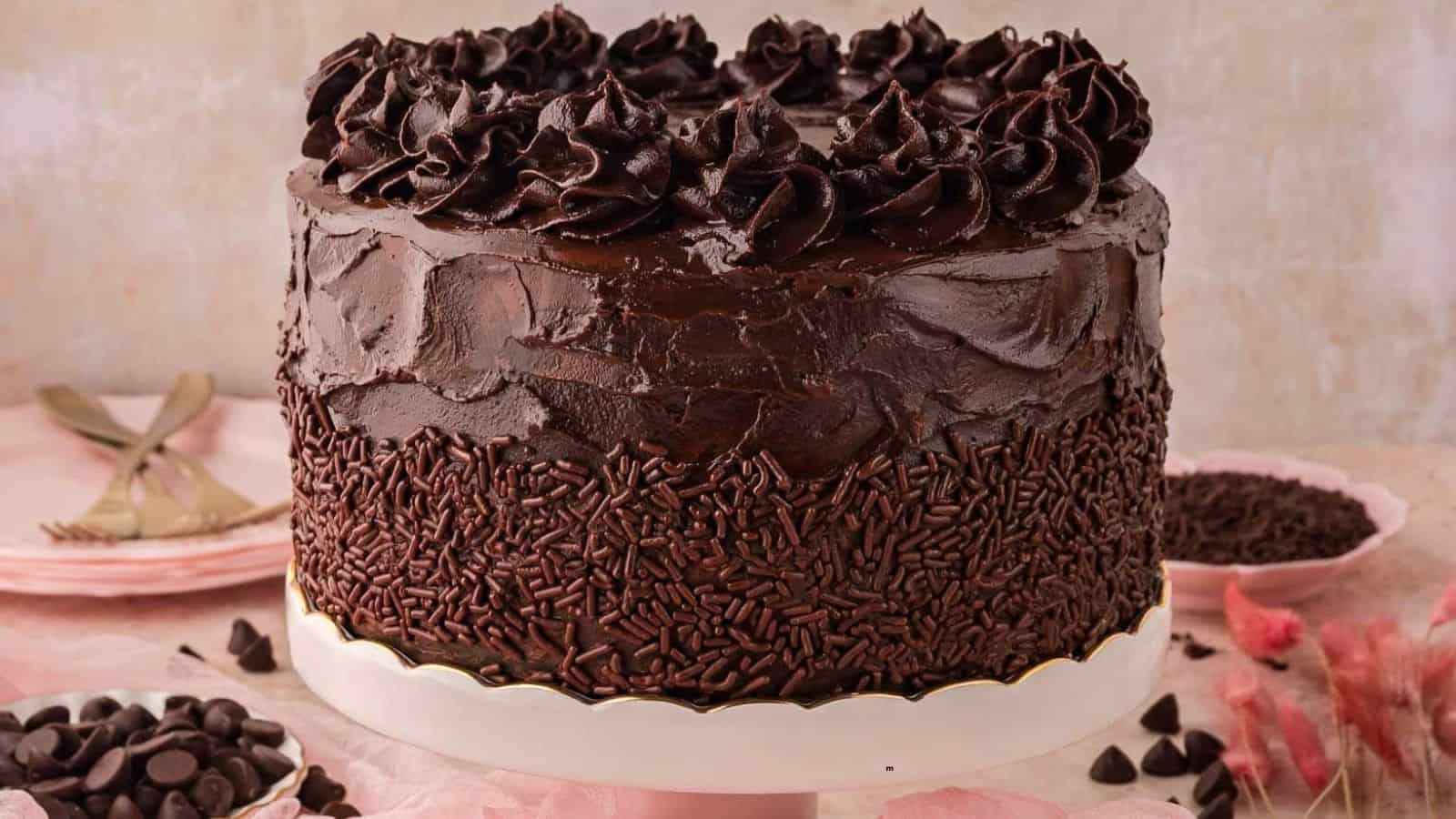 A round chocolate cake covered in chocolate frosting and chocolate sprinkles sits on a white cake stand, surrounded by chocolate pieces and pink tableware.