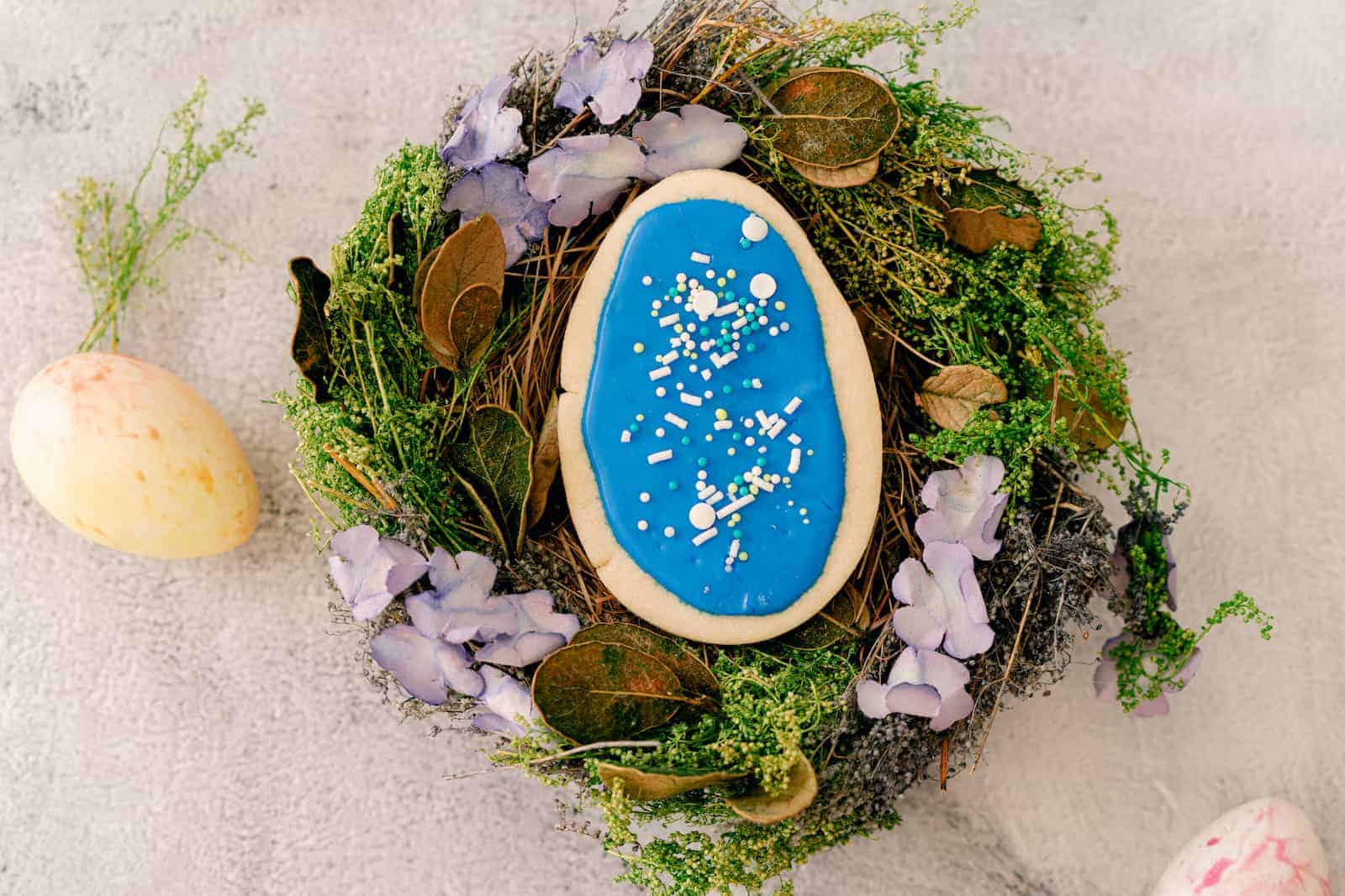 A cookie shaped like an egg with blue icing and white sprinkles is placed in a nest made of twigs, green plants, and purple flowers. An egg is visible nearby.
