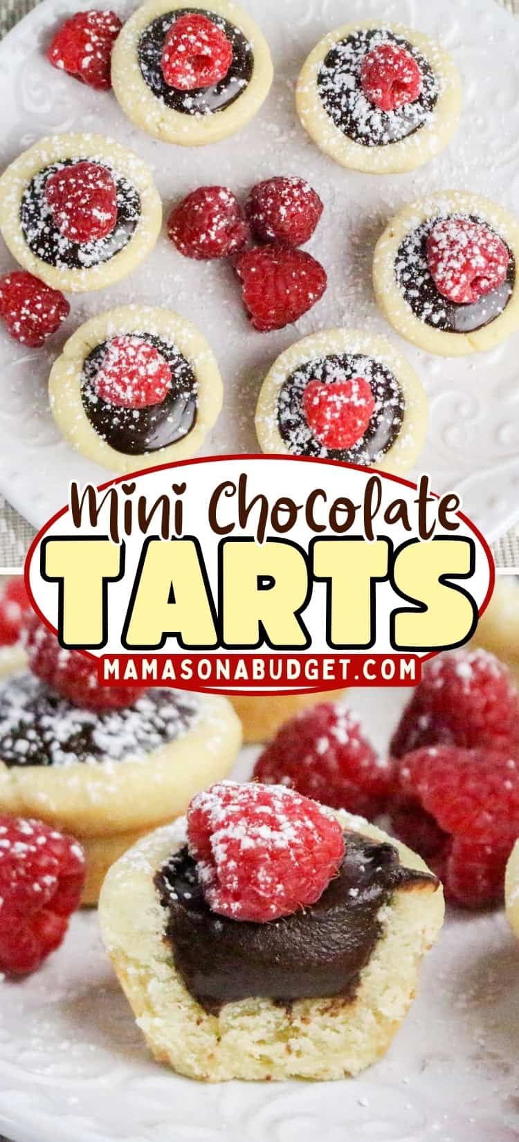 Mini chocolate tarts topped with fresh raspberries and powdered sugar, arranged on a white plate with extra raspberries scattered around.