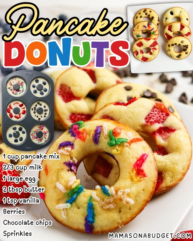 A close-up of pancake donuts decorated with berries, chocolate chips, and sprinkles, with ingredient list and recipe images on the side.