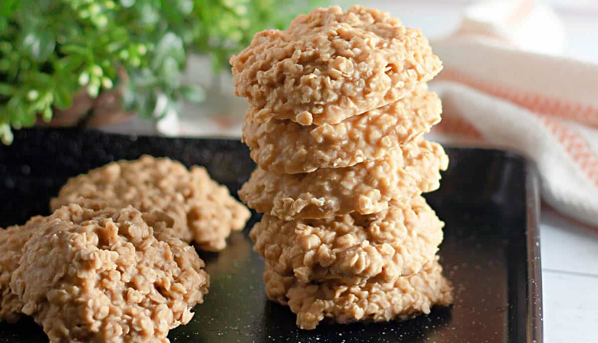 A stack of no-bake oatmeal cookies sits on a black tray, with more cookies and a green plant in the background.