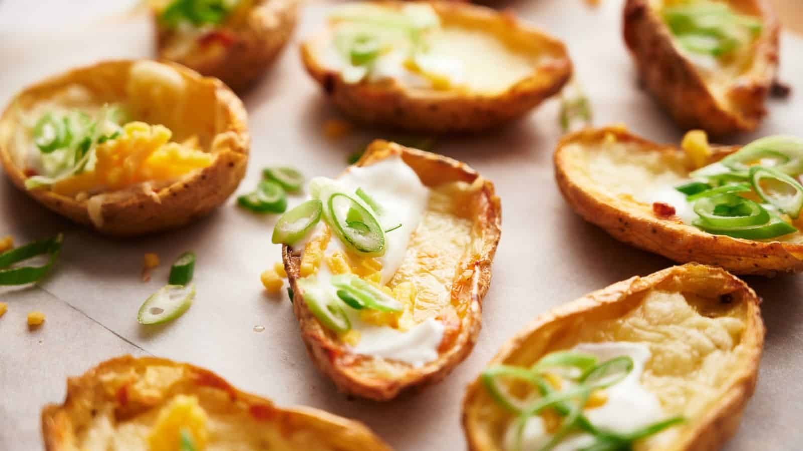 Several baked potato skins filled with melted cheese, sour cream, and sliced green onions are arranged on a sheet of parchment paper.