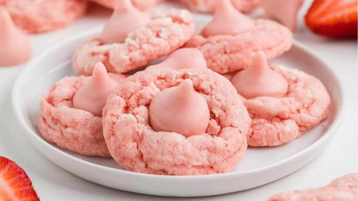 A white plate with several pink cookies, each topped with a pink chocolate candy, sits on a white surface with strawberries nearby.