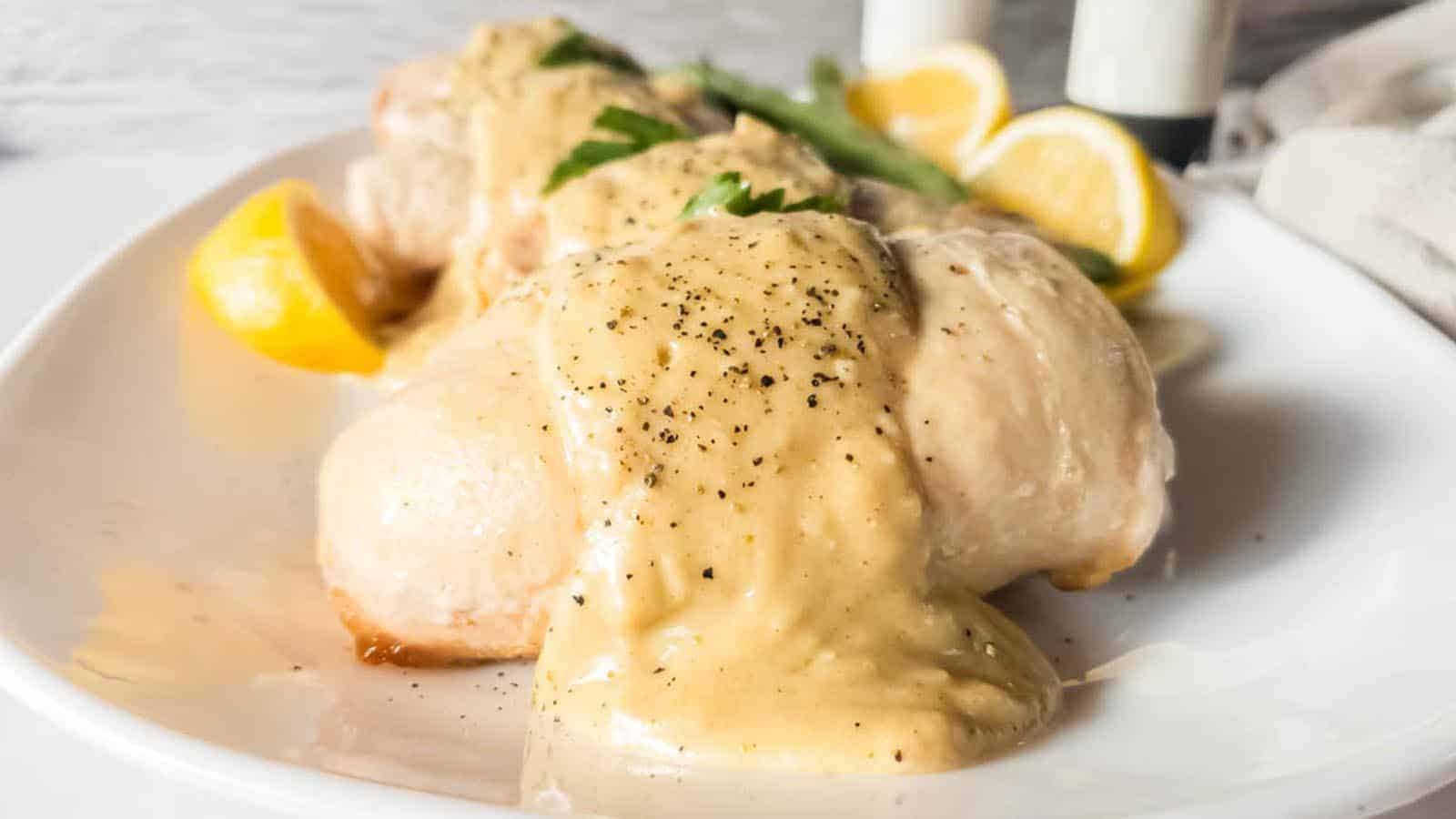 Three baked chicken breasts topped with creamy sauce and black pepper on a white plate, garnished with lemon wedges and parsley.