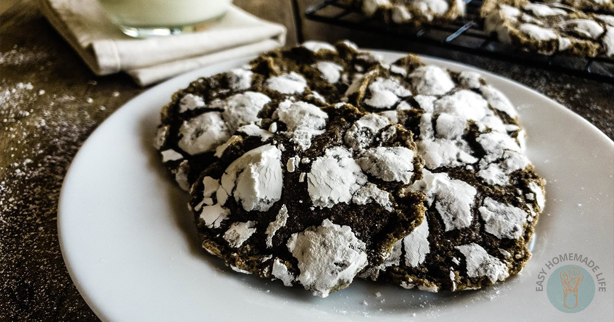 A chocolate crinkle cookie covered in powdered sugar sits on a white plate, with a cooling rack and glass of milk in the background.