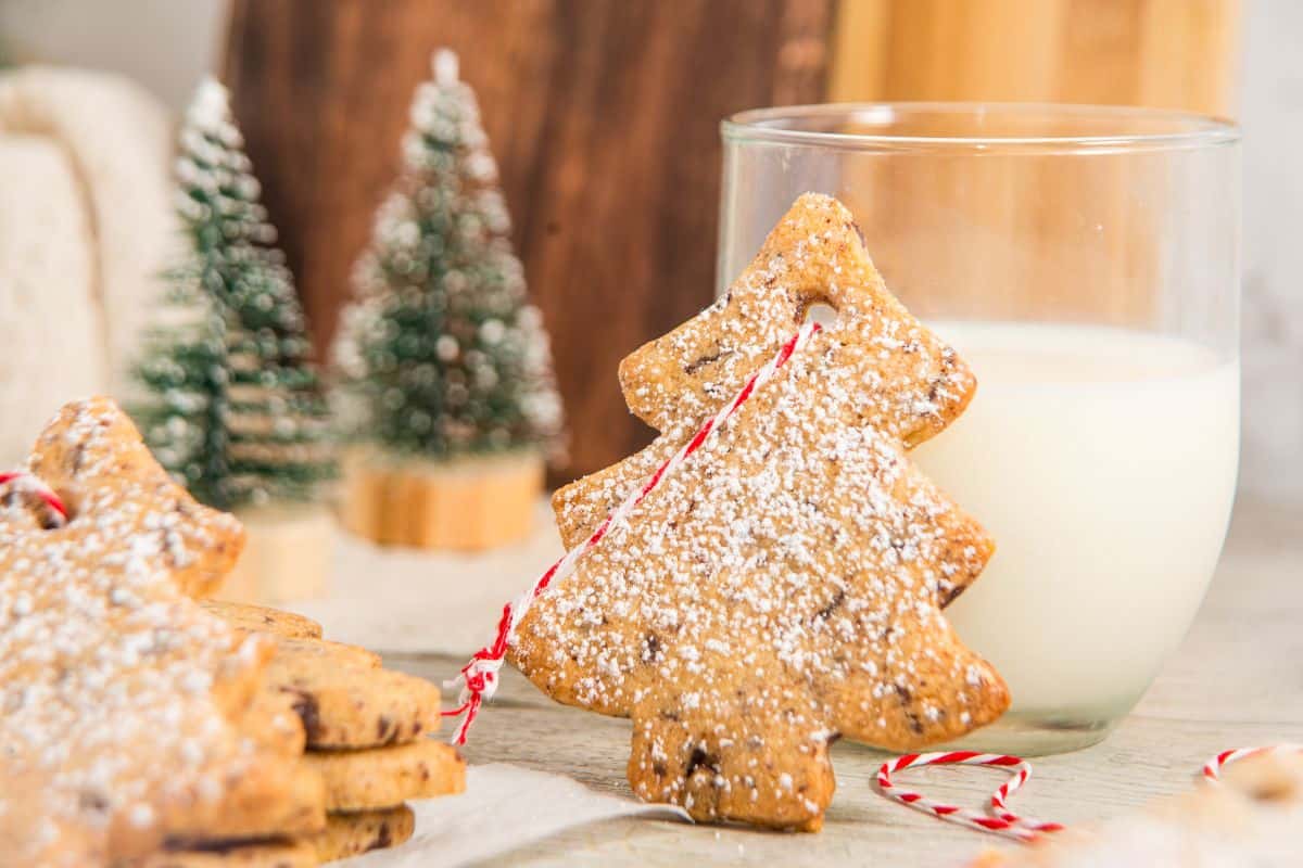 Christmas tree-shaped cookies dusted with powdered sugar are next to a glass of milk, with small decorative pine trees in the background.