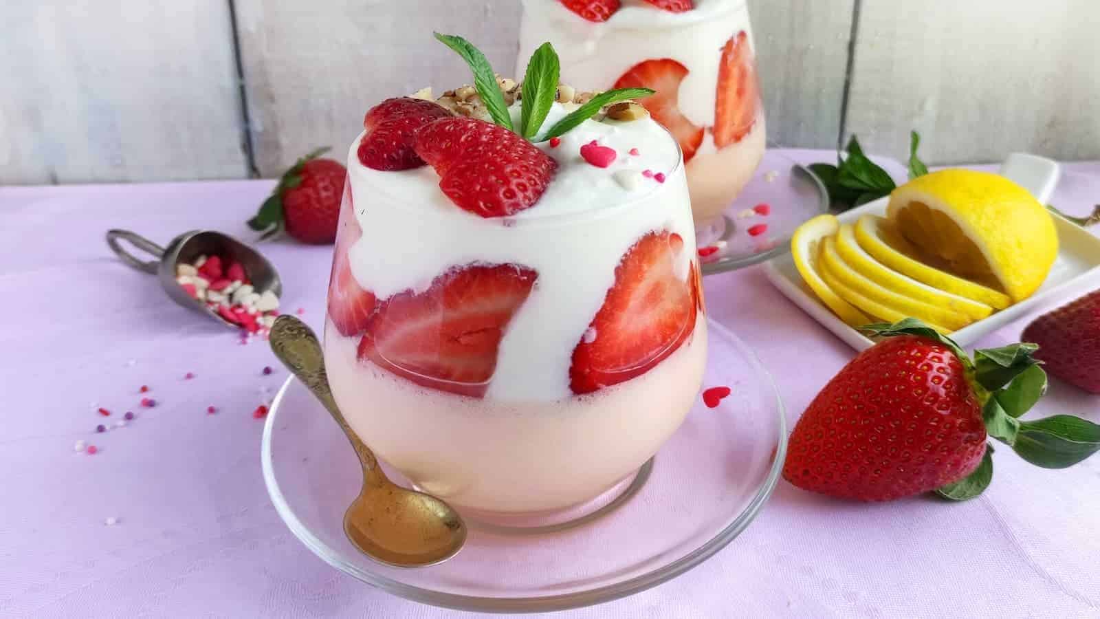 A glass of layered strawberry parfait with whipped cream, garnished with fresh strawberries and mint, set beside a spoon, lemon slices, and whole strawberries.