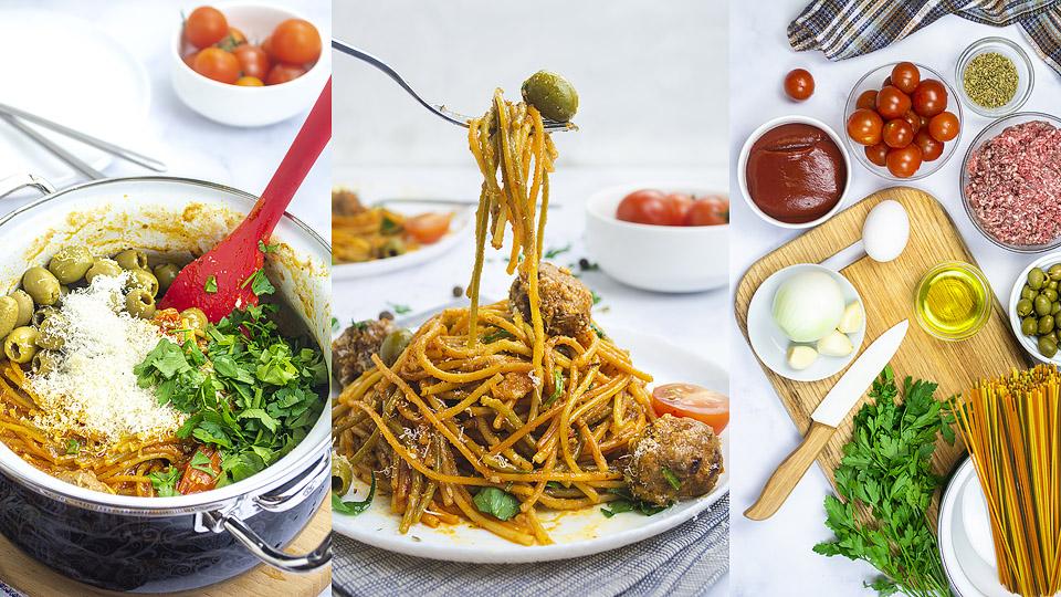Three images show: a pot of spaghetti with sauce, olives, and herbs; a fork lifting spaghetti; and spaghetti ingredients, including tomatoes, onion, parsley, olives, meat, and pasta.