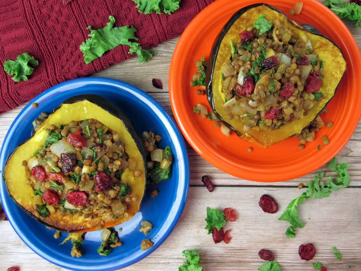 Two acorn squash halves filled with a lentil, onion, and cranberry stuffing, served on blue and orange plates with leafy greens and cranberries scattered around.