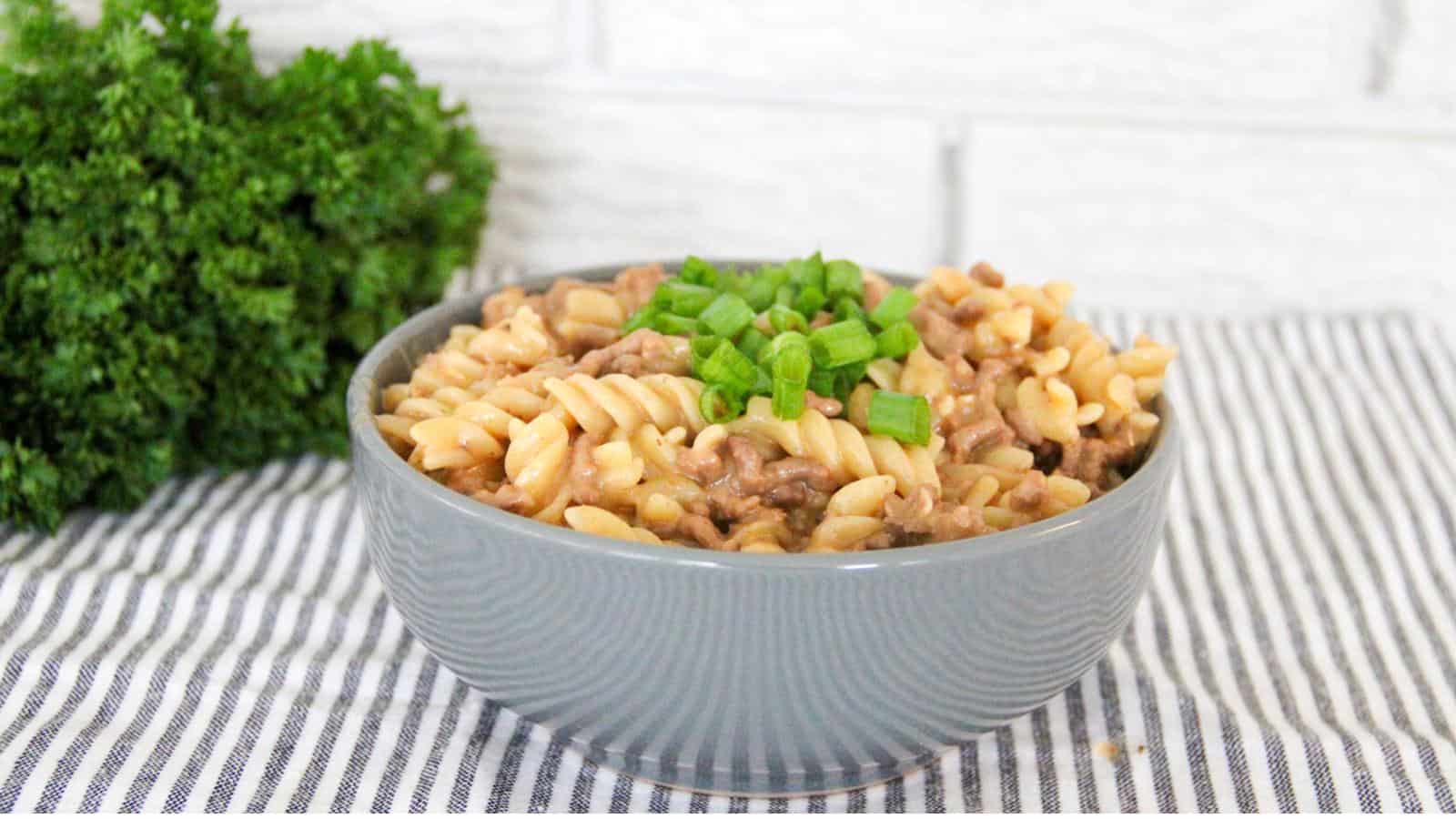 A grey bowl filled with spiral pasta mixed with ground meat and sauce, topped with chopped green onions, sits on a striped cloth with parsley in the background.