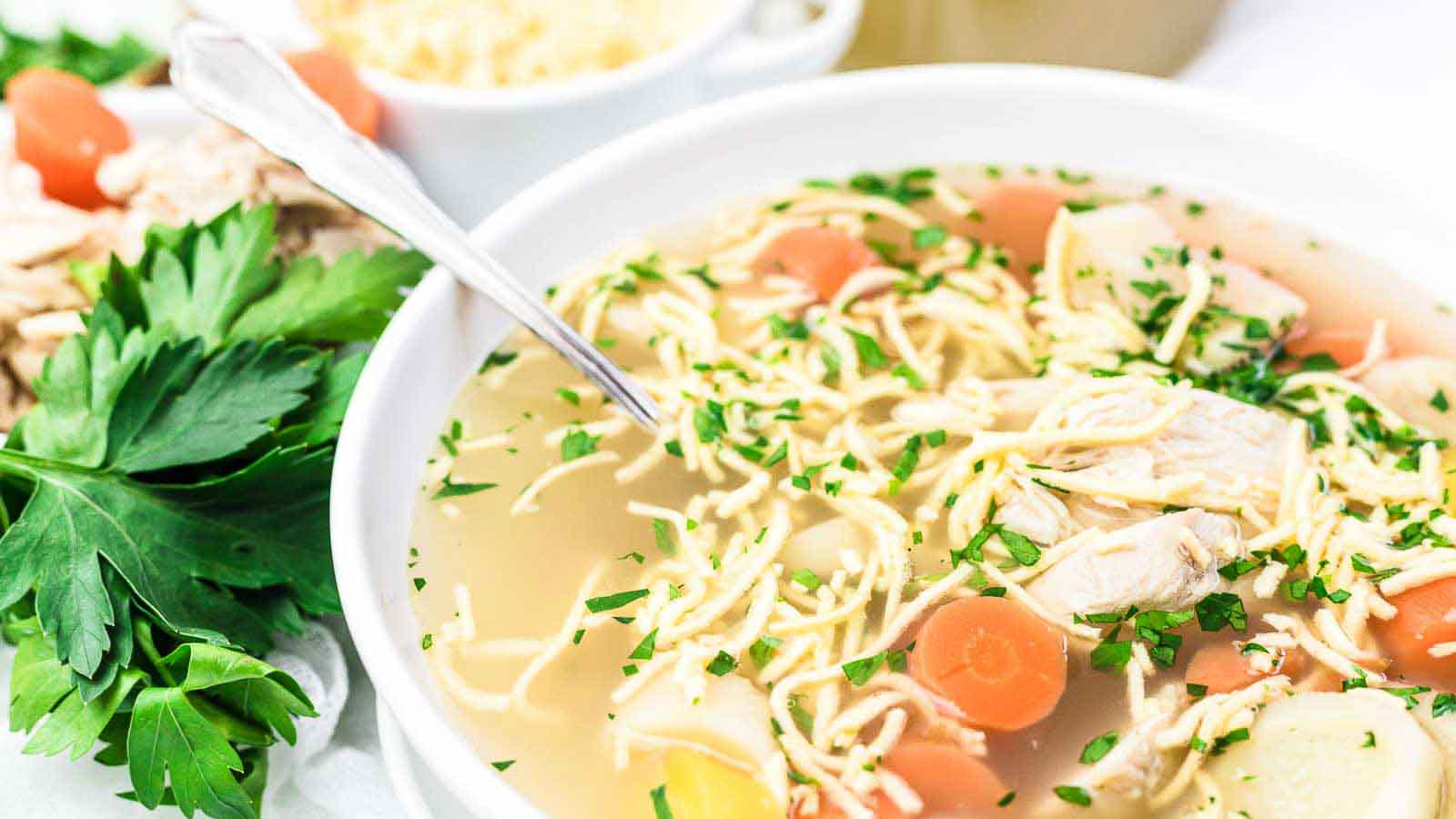 A bowl of chicken noodle soup with pieces of chicken, noodles, carrots, and parsley, with a spoon in the bowl and fresh parsley on the side.
