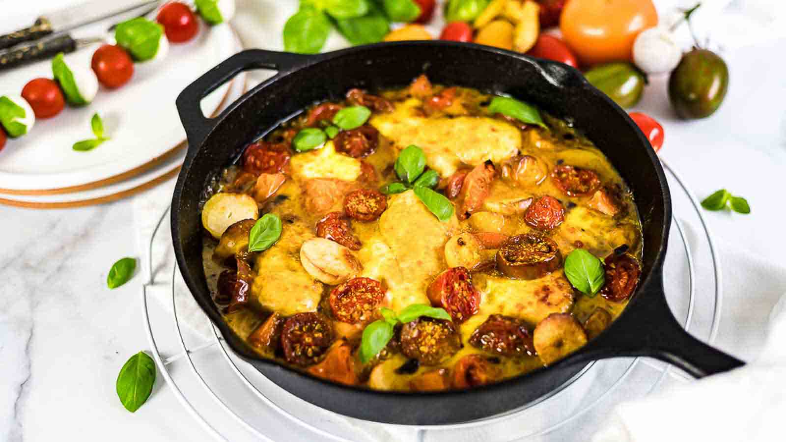 A cast iron skillet filled with baked chicken, cherry tomatoes, sausage slices, melted cheese, and fresh basil leaves on a white surface.