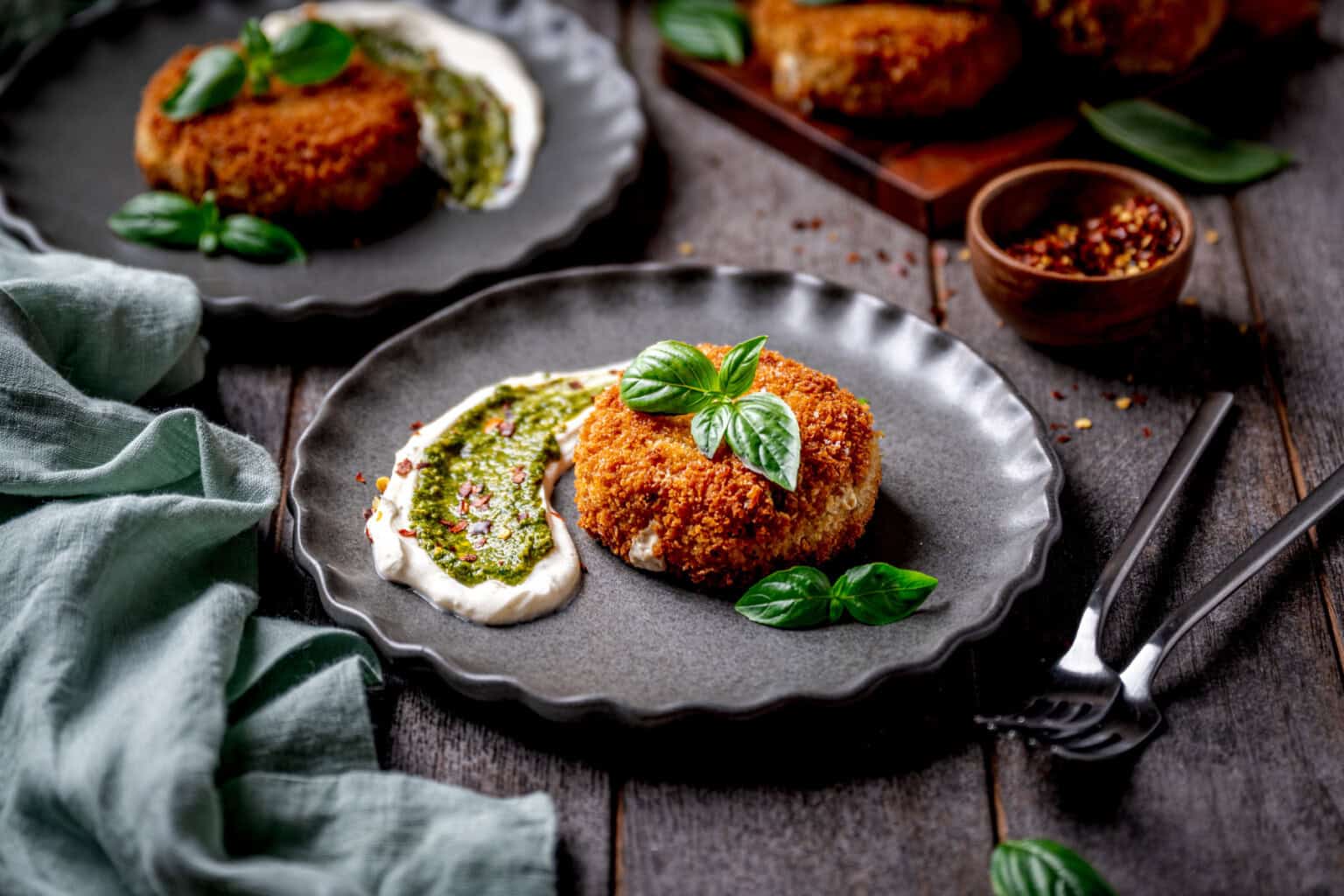 A breaded, golden-brown patty served on a gray plate with a swirl of green sauce and white cream, garnished with fresh basil leaves.