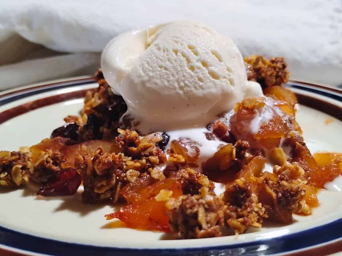 A serving of fruit crumble topped with a scoop of vanilla ice cream on a plate.
