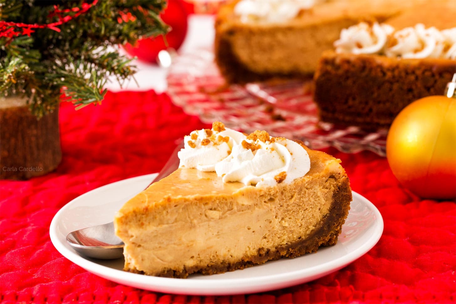 A slice of cheesecake with whipped cream and crumbs sits on a white plate with a spoon, set on a red tablecloth.