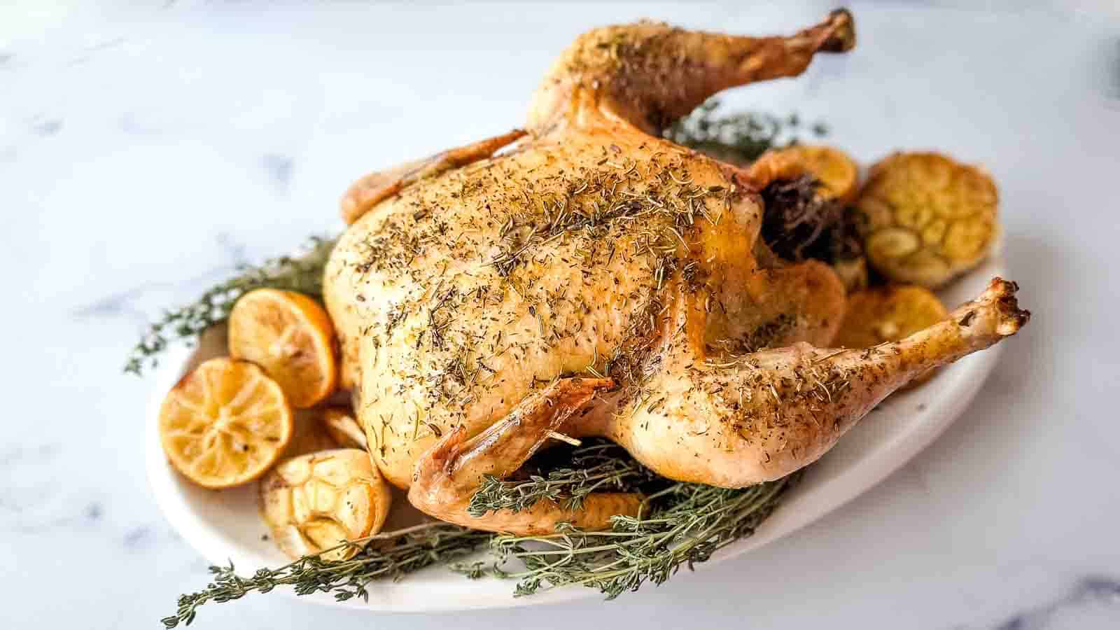 A whole roasted chicken garnished with herbs, lemon slices, and roasted garlic, served on a white oval platter.
