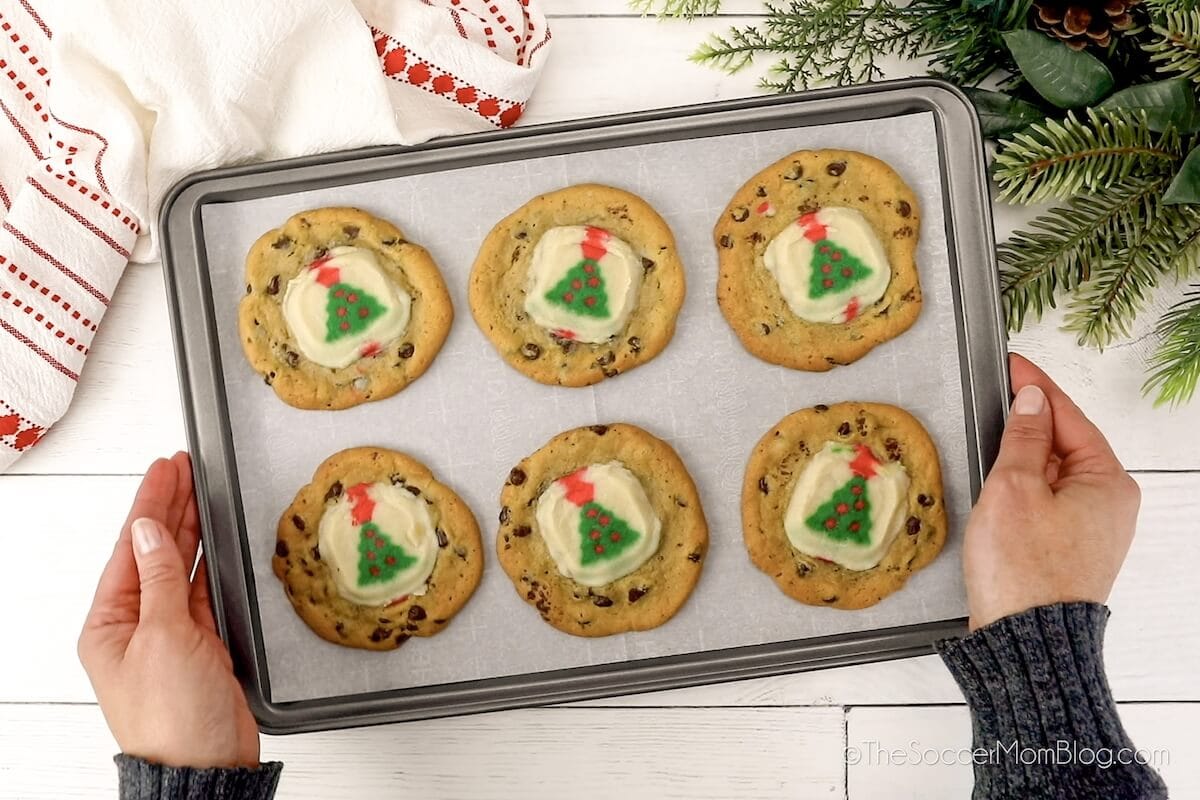 A person holds a baking sheet with six chocolate chip cookies, each topped with a frosting decoration of a Christmas tree. Pine branches and a towel are visible on the table.