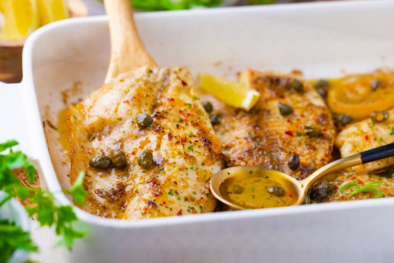 Baked white fish fillets in a white dish, topped with capers, herbs, and lemon slices, with a wooden spatula lifting a portion and a gold spoon resting in sauce.