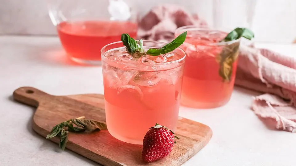 Two glasses of pink iced drink garnished with basil leaves sit on a wooden board with a fresh strawberry and basil, with a pitcher and a pink cloth in the background.