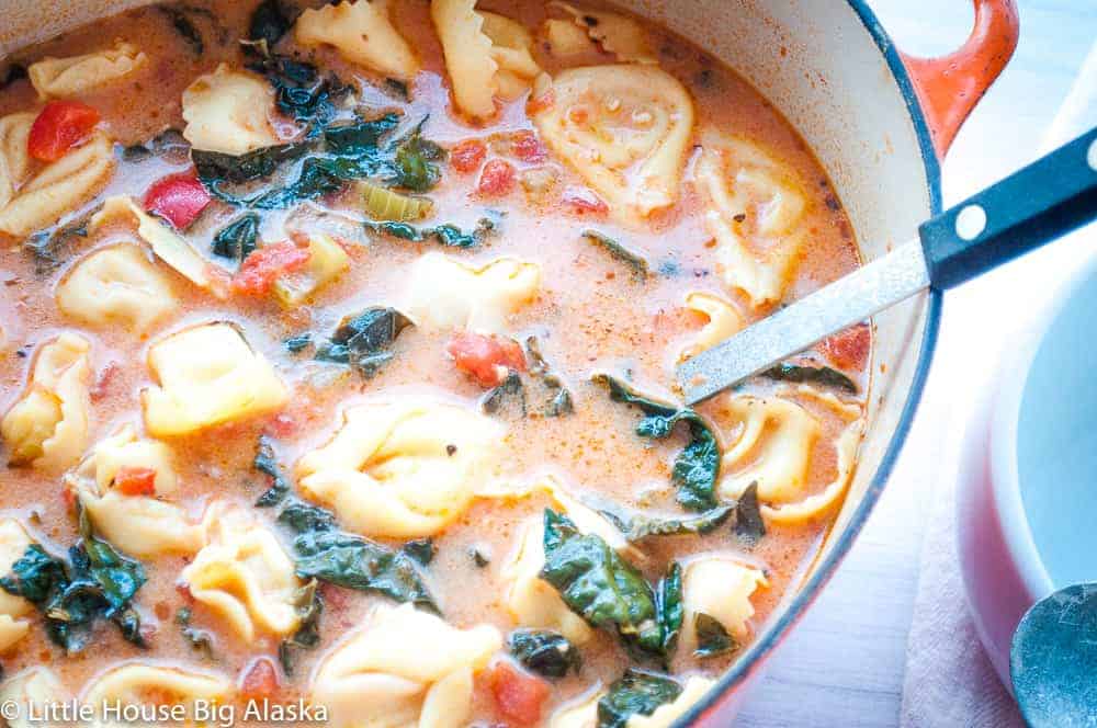 A pot of creamy tomato-based soup with tortellini, kale, and diced tomatoes, with a ladle resting inside.