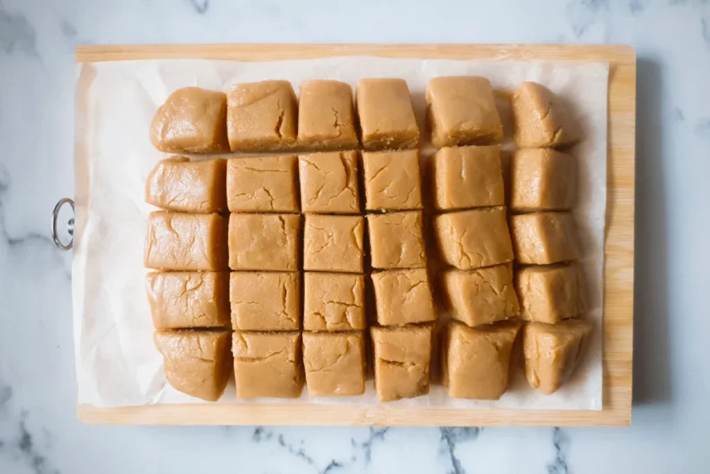 Rectangular wooden board with parchment paper holding 24 pieces of light brown fudge, arranged in neat rows on a marble surface.