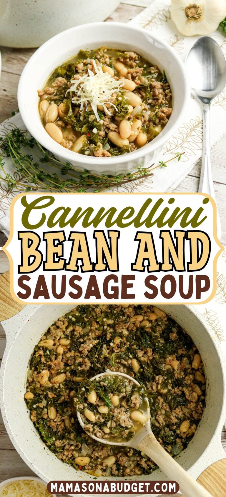 Overhead view of cannellini bean and sausage soup in a white bowl topped with cheese, and in a pot with a ladle, with fresh herbs and sliced bread on the side.