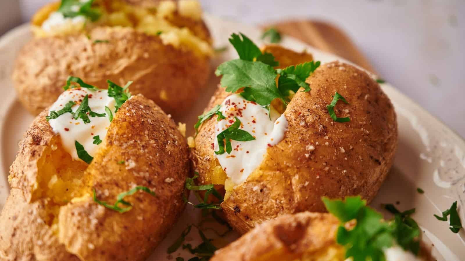 Baked potatoes topped with sour cream, chopped parsley, and a sprinkle of seasoning on a white plate.