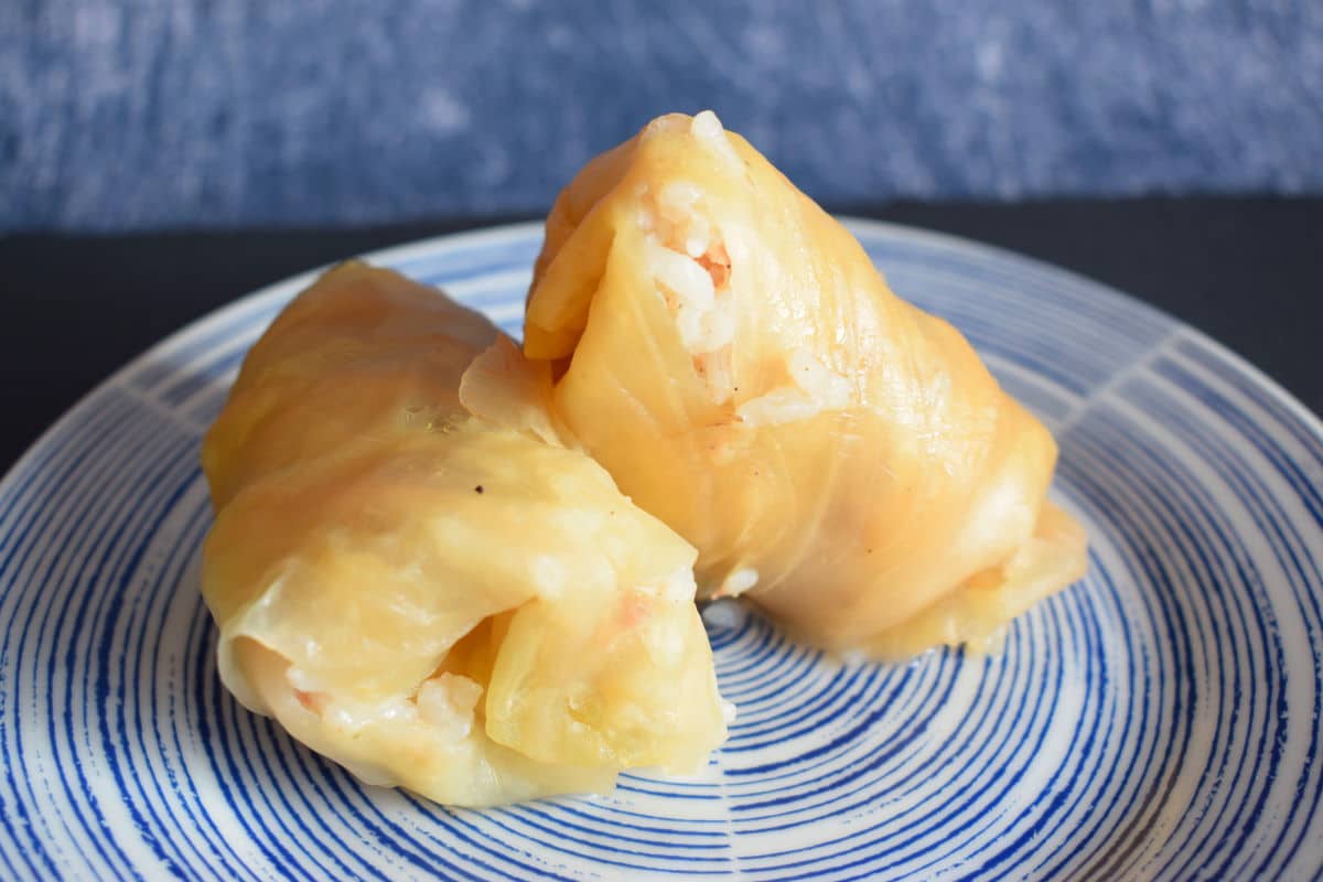 Two cabbage rolls filled with rice and meat are placed on a blue and white patterned plate against a blue background.