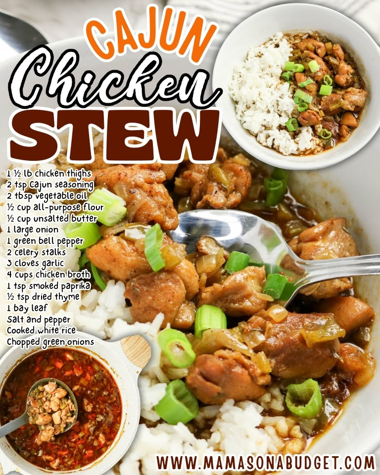Bowl of Cajun chicken stew with rice, featuring chunks of chicken, vegetables, and garnished with green onions; recipe ingredients listed on the left.