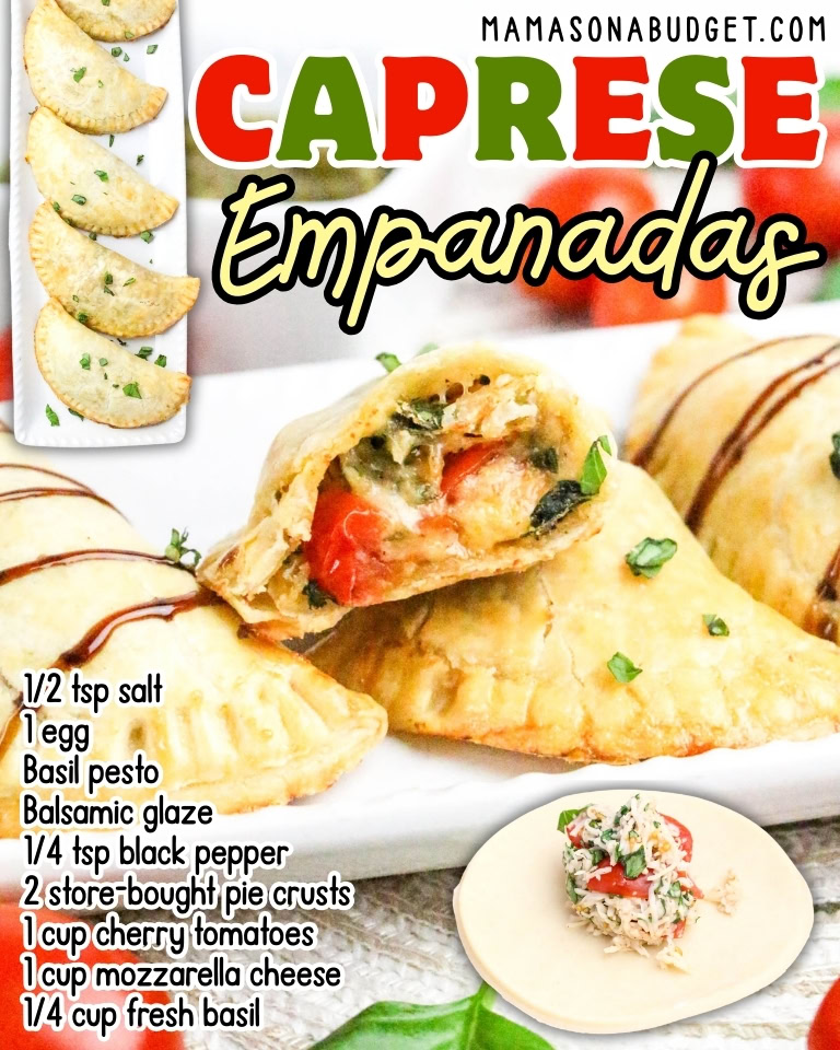 A close-up of caprese empanadas on a plate, with a cut-open empanada showing the tomato, cheese, and basil filling. Ingredients for the recipe are listed on the left.