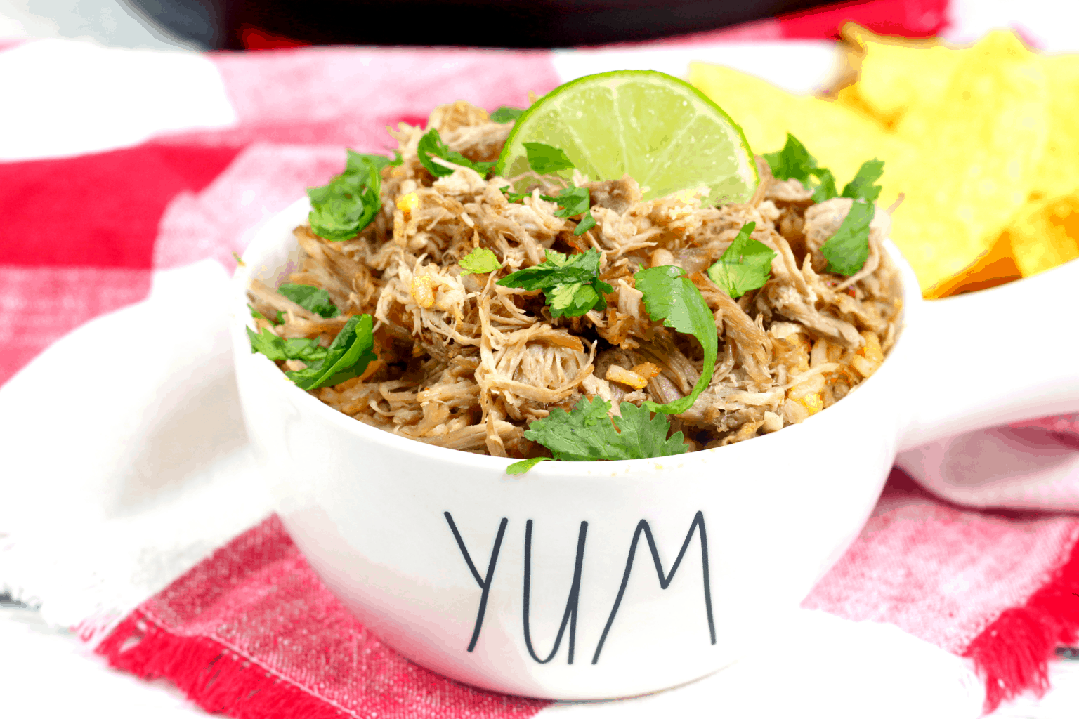 A white bowl labeled YUM filled with shredded meat garnished with cilantro and a lime slice, next to yellow tortilla chips on a red and white cloth.