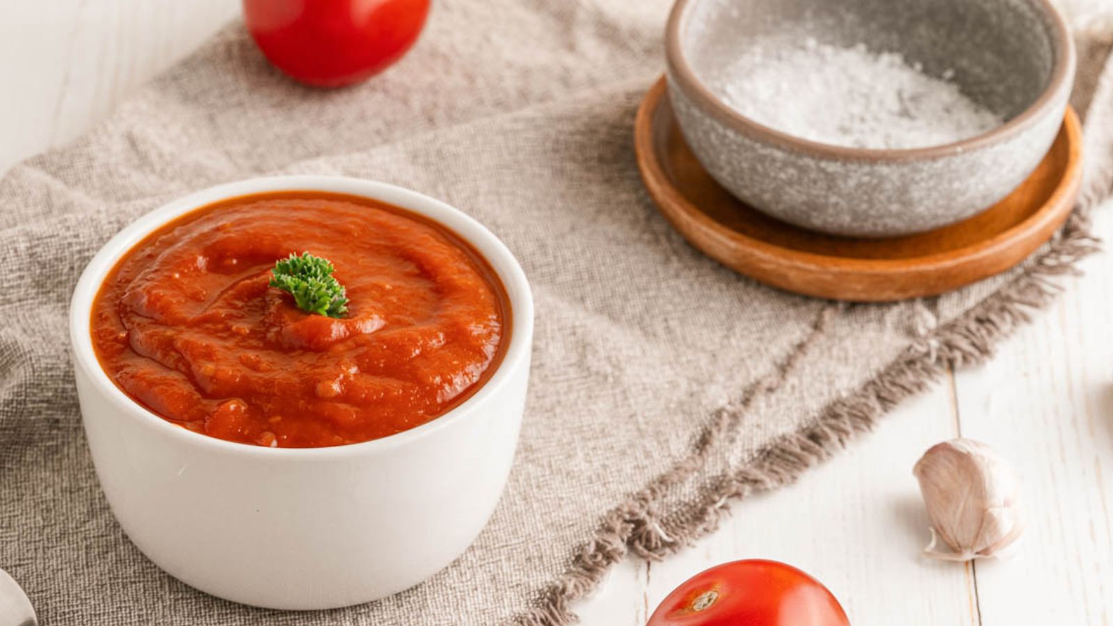 A white bowl filled with tomato sauce garnished with parsley sits on a beige cloth, next to a bowl of salt, tomatoes, and a garlic clove.
