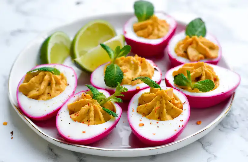 A plate of deviled eggs with pink-tinted whites, yellow filling, fresh mint garnish, and lime wedges on the side.