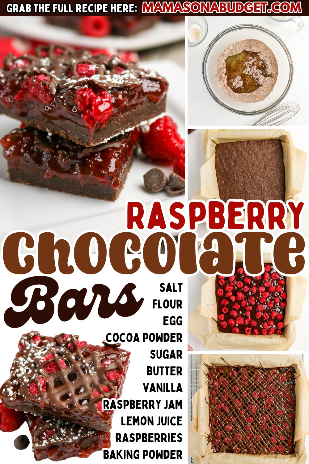 Step-by-step images and final result of raspberry chocolate bars, with listed ingredients including eggs, cocoa powder, raspberries, and baking essentials.