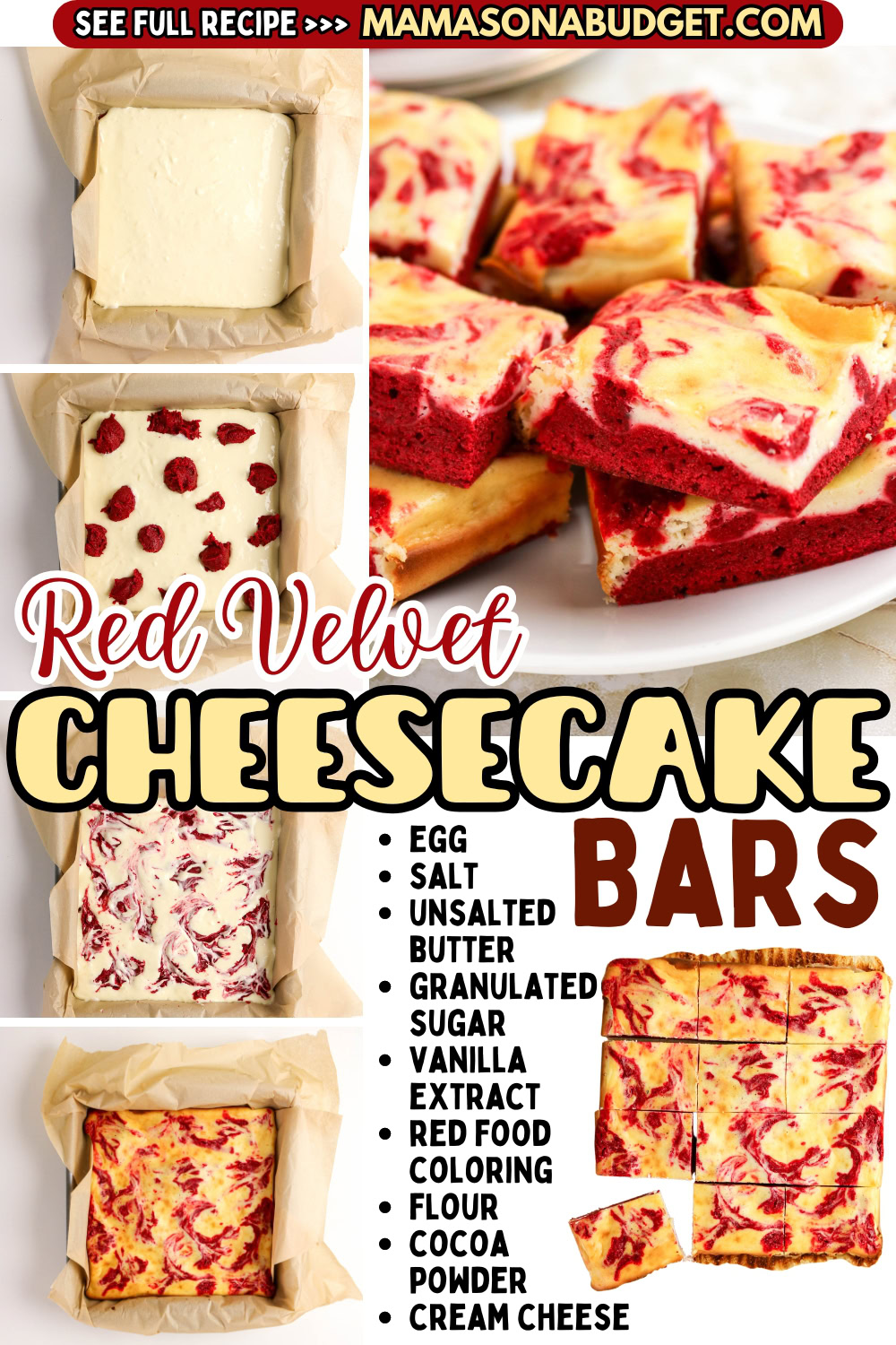 Step-by-step images show the process of making red velvet cheesecake bars, with a finished batch cut into squares and a list of ingredients displayed.