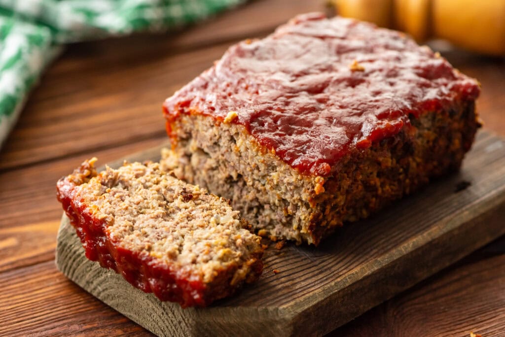 A loaf of meatloaf with a tomato glaze sits on a wooden board, with one slice cut and placed next to the loaf.