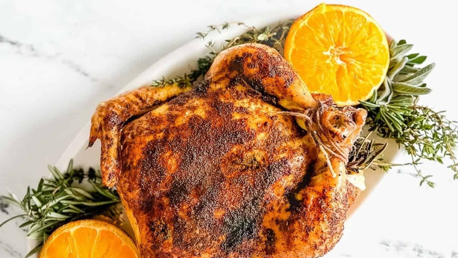 Roast chicken seasoned with spices, garnished with fresh herbs and sliced oranges on a white plate.